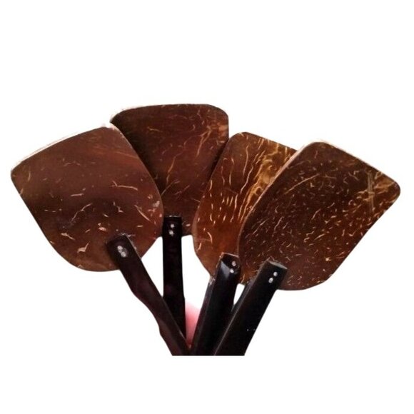 Rare Vintage Handcrafted Coconut Shell Spoon Set With Horn Handles - Picture 2 of 3